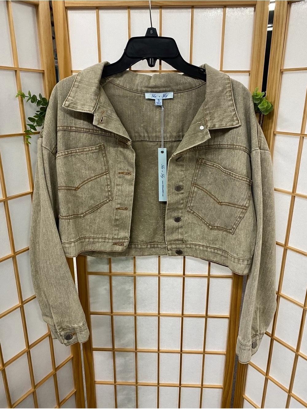 She and Sky Cropped Olive Green Jean Jacket